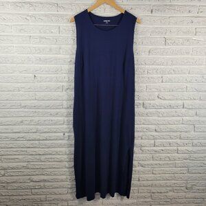 Lands End Womens Dress 1X Plus Shift Sleeveless Midi Blue Cotton Side BLU124E